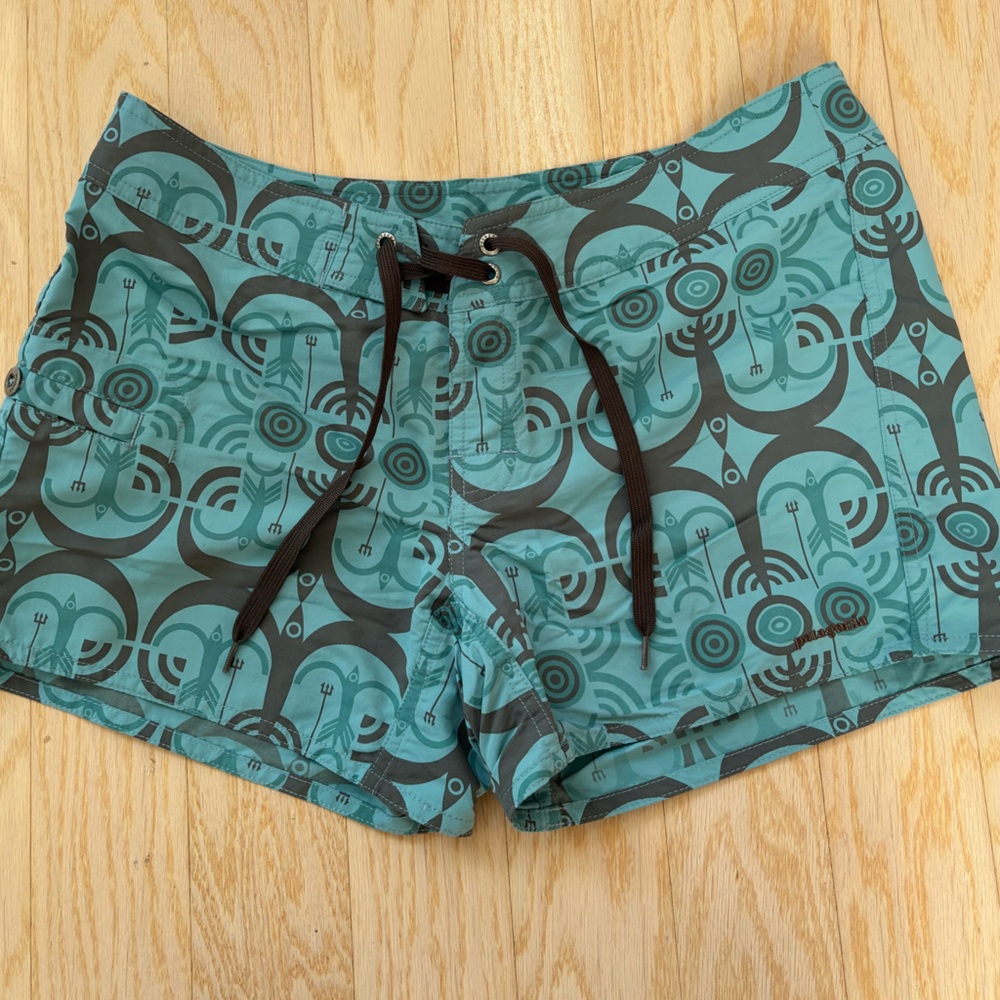 Patagonia Teal Board Shorts with Geometric Print